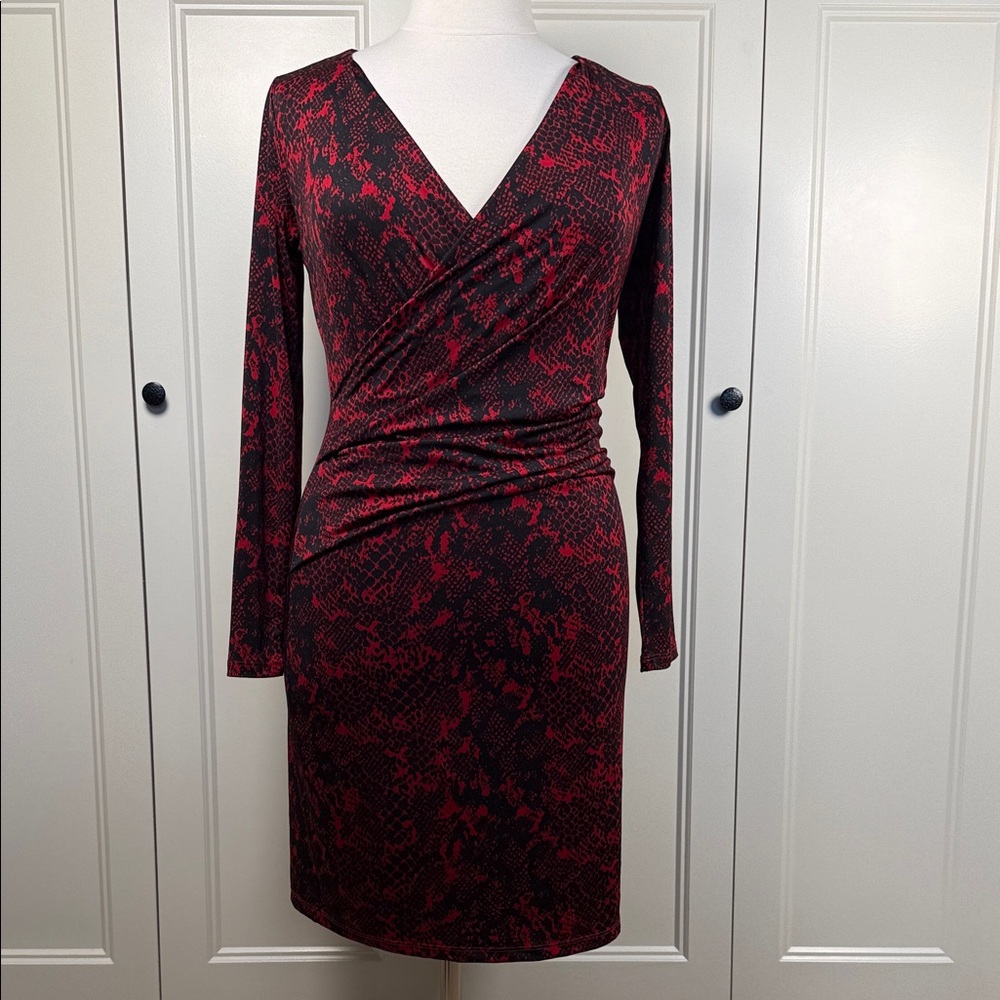 Karen Kane Red and Black Animal Print Patterned Long Sleeve Dress